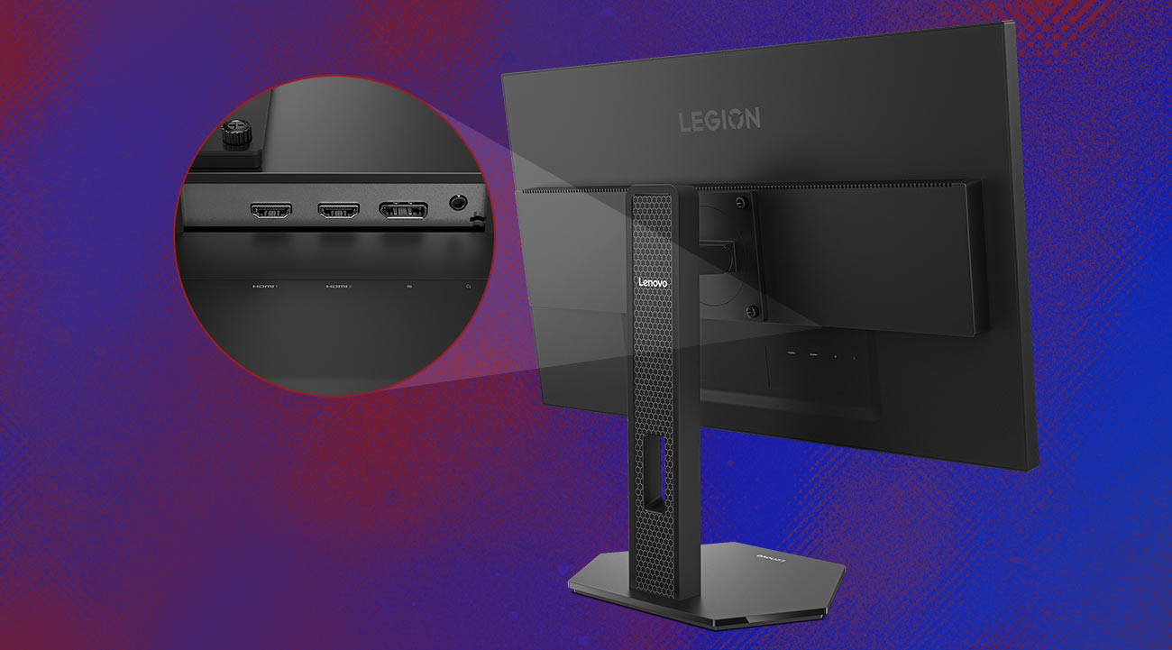 Monitor Lenovo Legion 27-10 tyłem, widoczne porty i gniazda na  miniaturowym zdjęciu obok