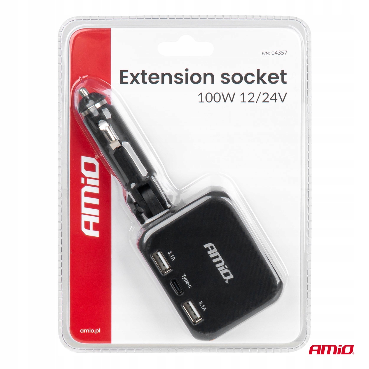 Rozdzielacz gniazda zapalniczki z ładowarką 2x USB-A 1x USB-C 12V 24V 100W 180° AMIO-04357