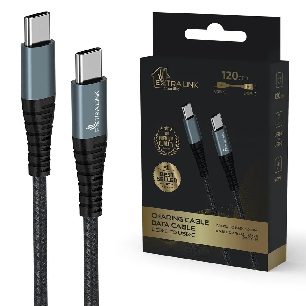 Kabel Extralink Smart Life 60W USB-C - USB-C 1.2 m Szary – Wytrzymałość i wydajność
