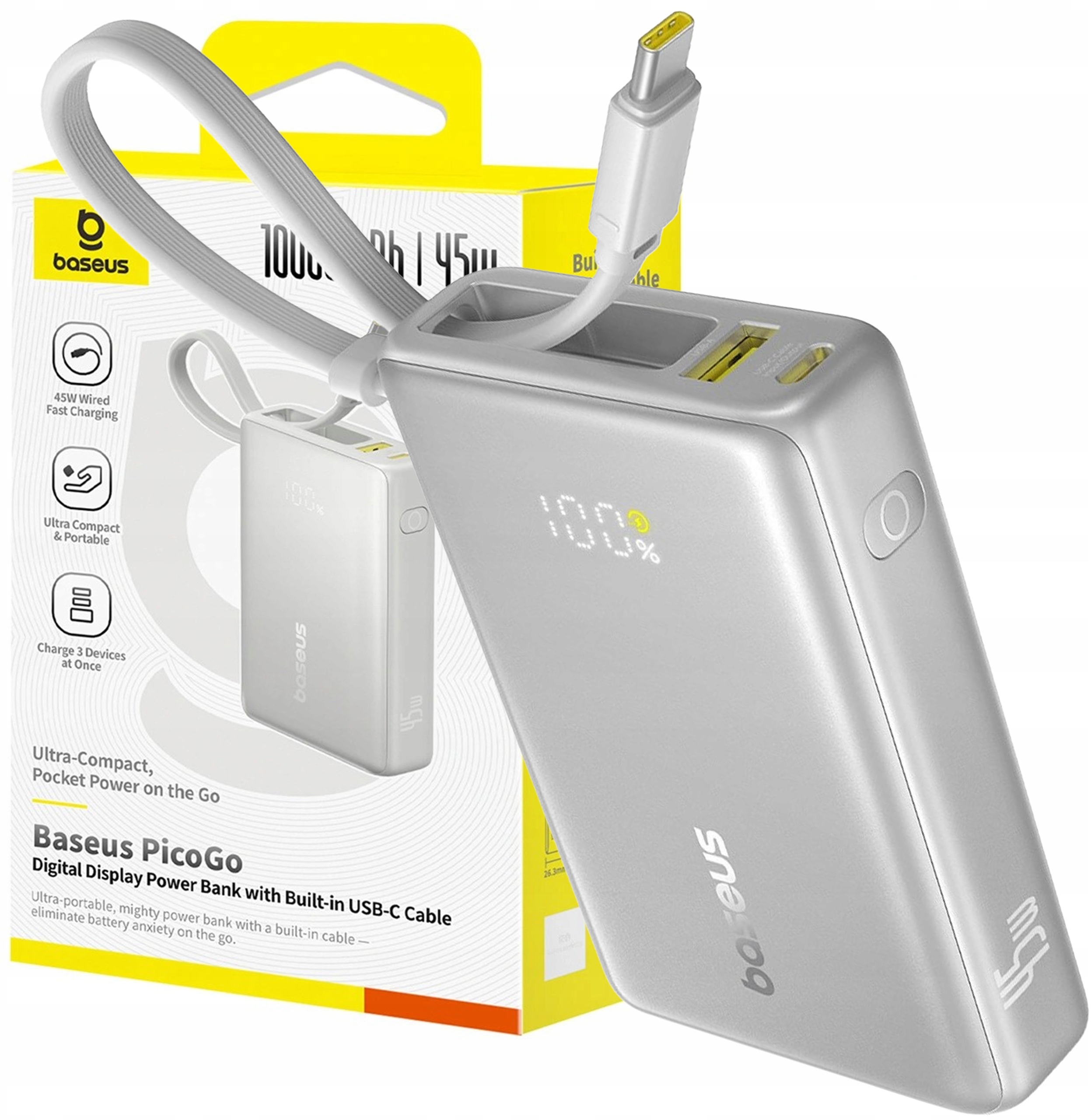 Powerbank Baseus PicoGo 10000mAh 45W z wbudowanym kablem USB-C – idealny towarzysz w podróży
