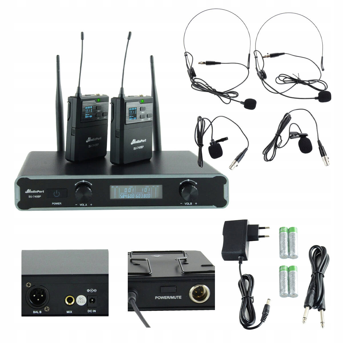 Zestaw mikrofonów bezprzewodowych UHF 2x nagłowny + 2x krawatowy + 2x bodypack + stacja Audioport SU-740HH – Profesjonalna jakość dźwięku