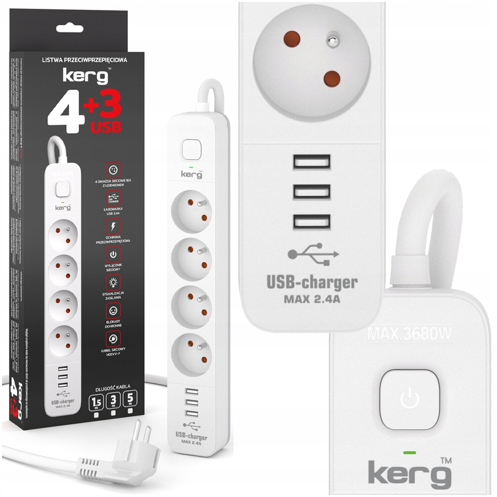 Listwa zasilająca Kerg Urządz. zas.-zabezpiecz.KERG 3USB-1,5m-16A-H05VV-F – Bezpieczne zasilanie dla Twojego domu i biura