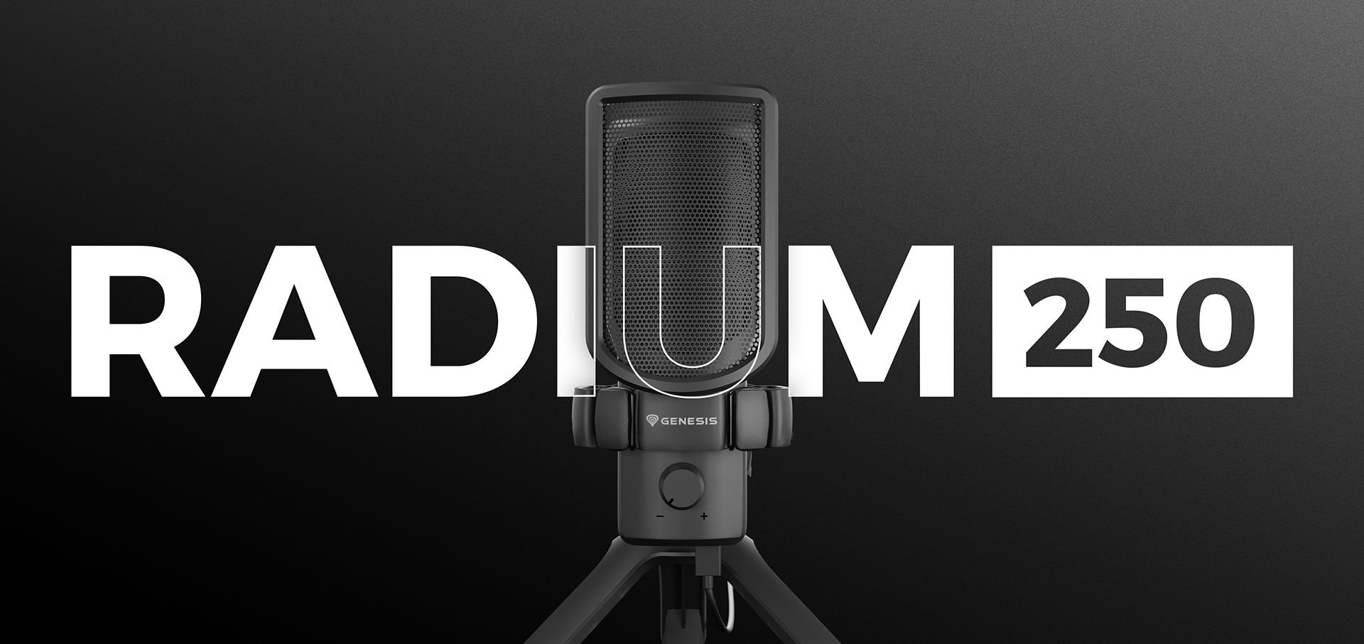 Czarny mikrofon USB Genesis Radium 250 na statywie, z pogrubionym tekstem 
