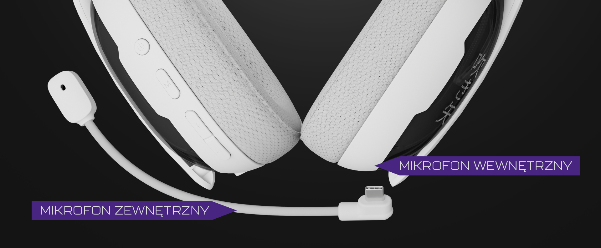 Bezprzewodowe białe słuchawki nauszne z opcjami mikrofonu zewnętrznego i wewnętrznego wyświetlanymi w przejrzysty sposób