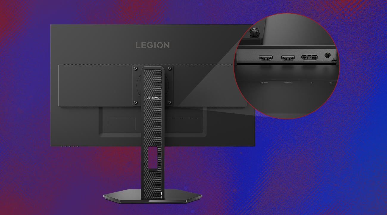 Monitor Lenovo Legion 27Q-10 tyłem, widoczne porty i gniazda na miniaturowym zdjęciu obok