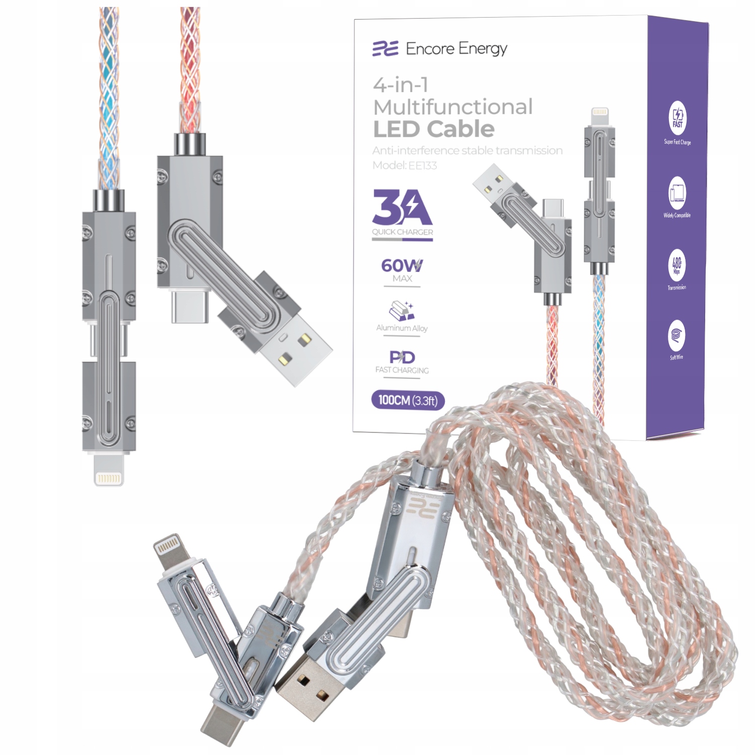 Szybkie ładowanie z QC PD 3A i mocą 60W