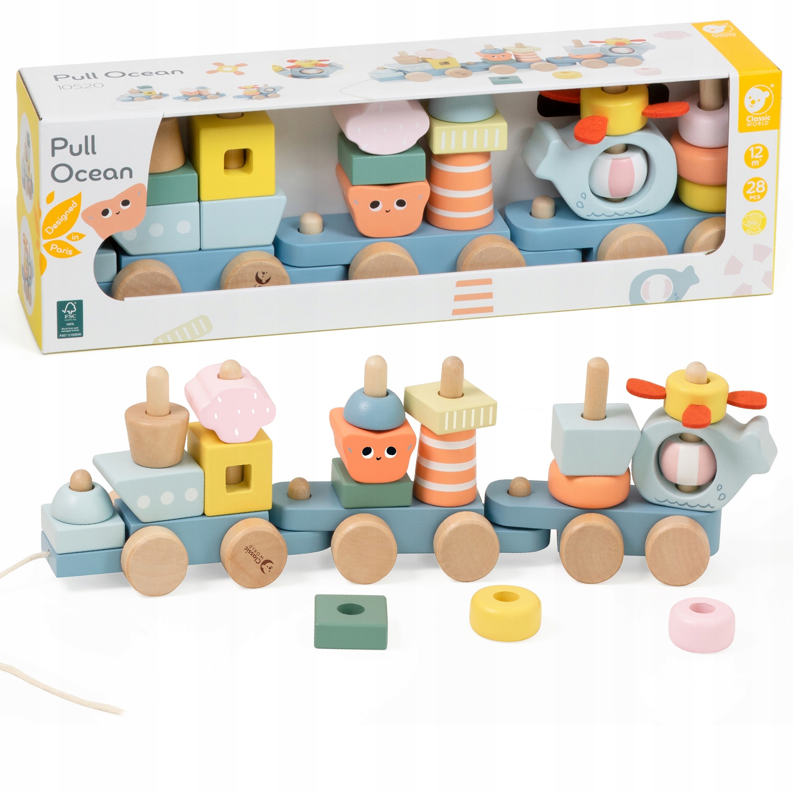 CLASSIC WORLD Montessori Kolejka Ocean Drewniana Układanka – Zabawka, która rozwija wyobraźnię