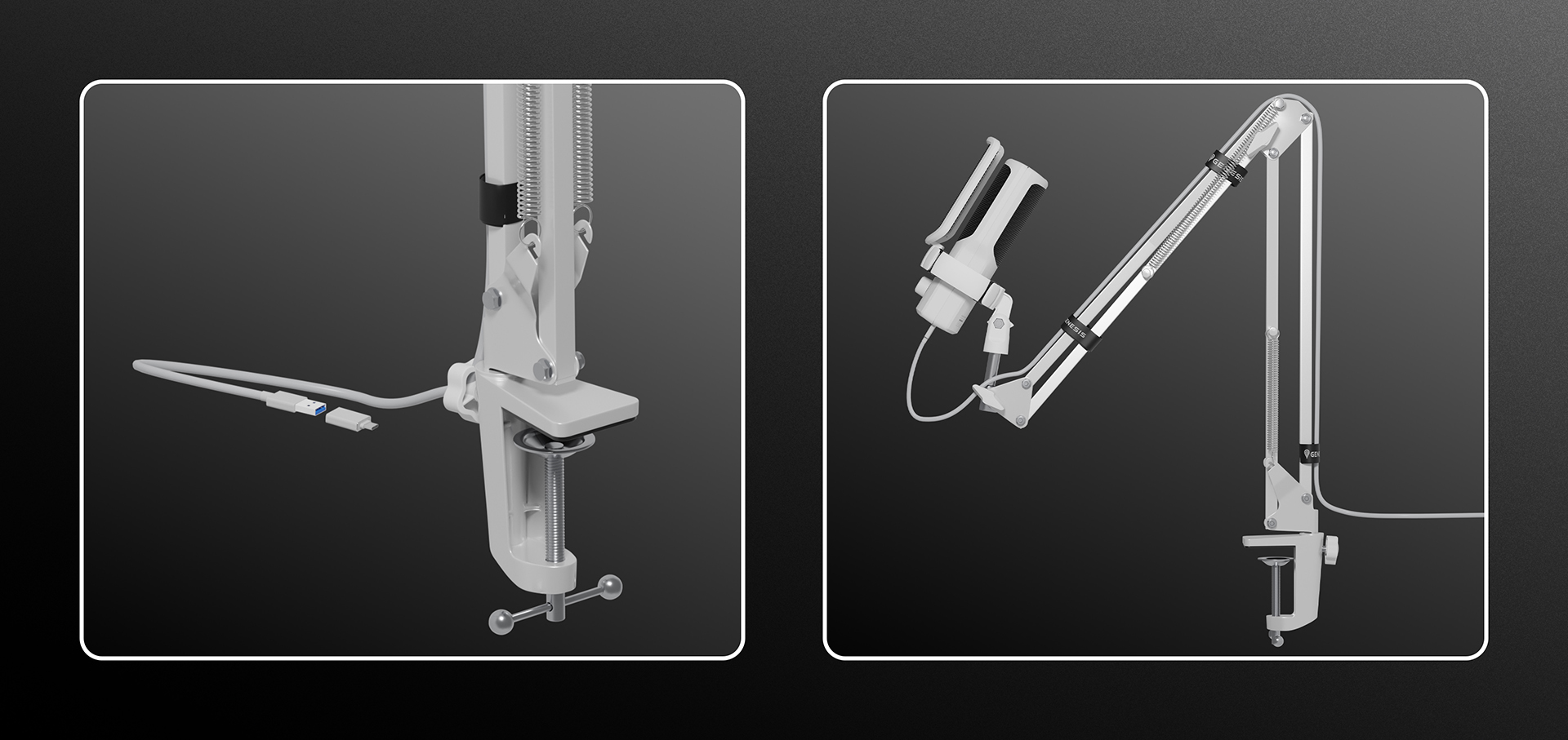 Białe ramię mikrofonu USB z regulowanymi przegubami i mechanizmem zaciskowym do bezpiecznego montażu
