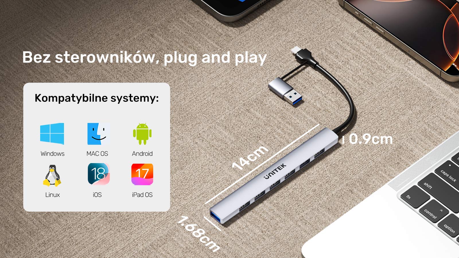 Adapter USB-A dołączony do zestawu sprawia, że hub jest kompatybilny zarówno z urządzeniami wyposażonymi w porty USB-C, jak i starszymi komputerami z portami USB-A.