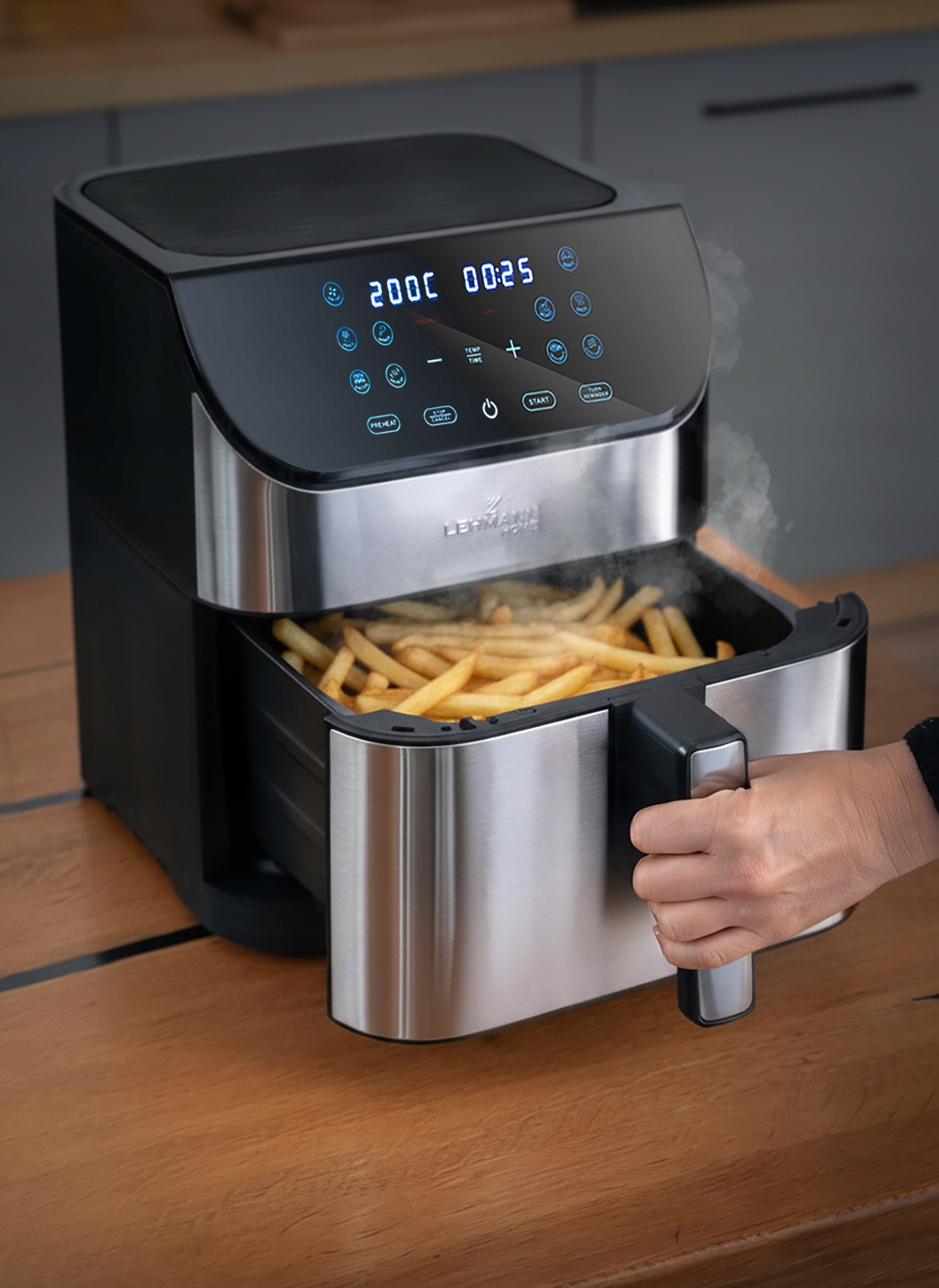 FRYTKOWNICA BEZTŁUSZCZOWA AIRFRYER 8L NIEPRZYWIERAJĄCA LEHMANN 12 PROGRAMÓW Model Prokado AIR FRYER 8L 1800W BEZTŁUSZCZOWA