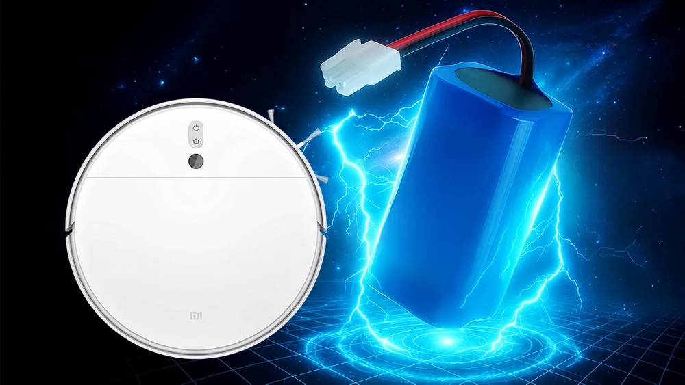 bateria wymienna do robotów xiaomi oraz na lewo robot sprzątający xiaomi widok z góry