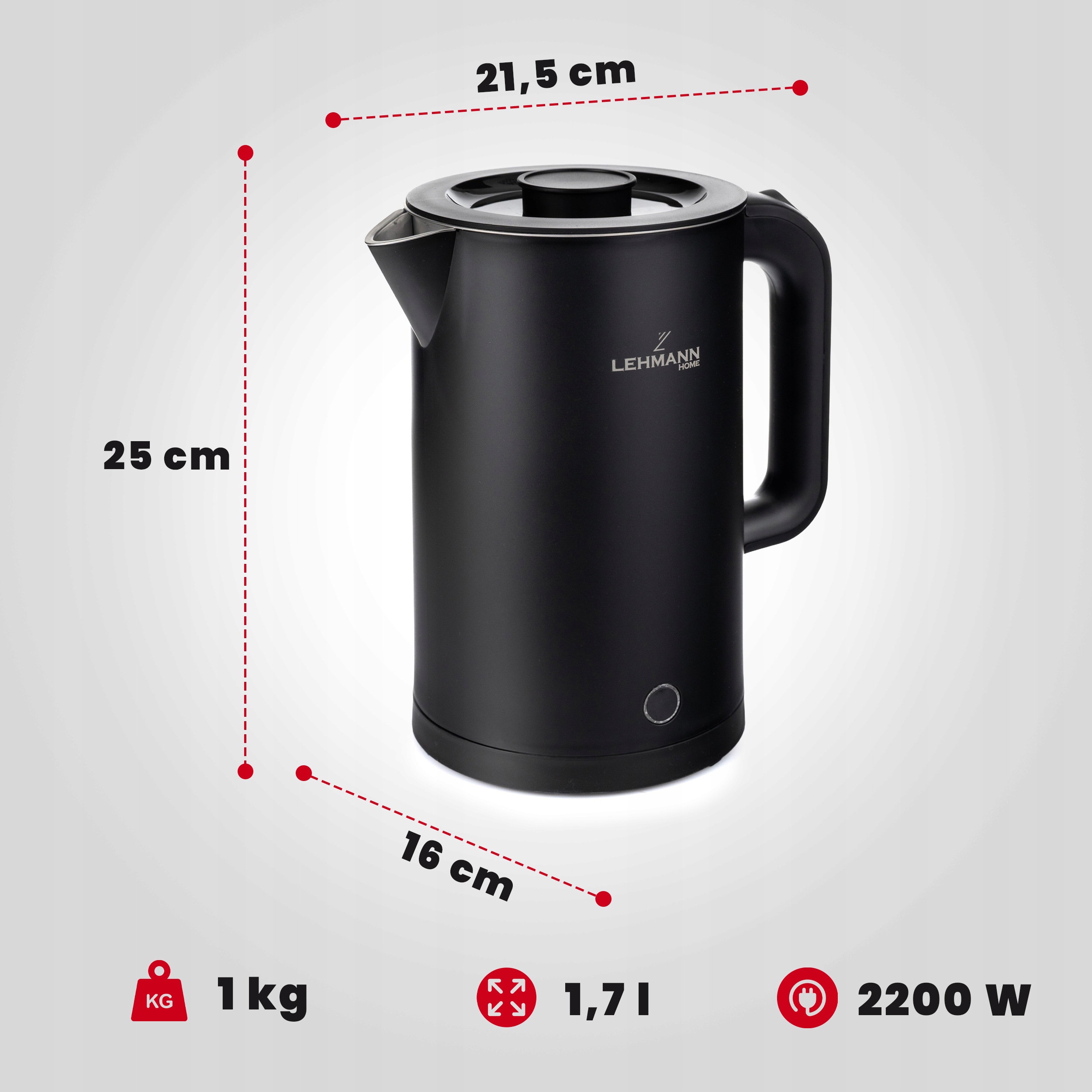CZAJNIK ELEKTRYCZNY BEZPRZEWODOWY STALOWE WNĘTRZE 2200W CZARNY DUŻY 1,7L Waga produktu z opakowaniem jednostkowym 1.2 kg