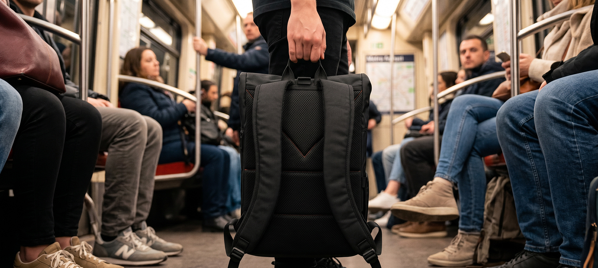 Osoba trzyma czarny plecak w zatłoczonym metrze, otoczona siedzącymi pasażerami.