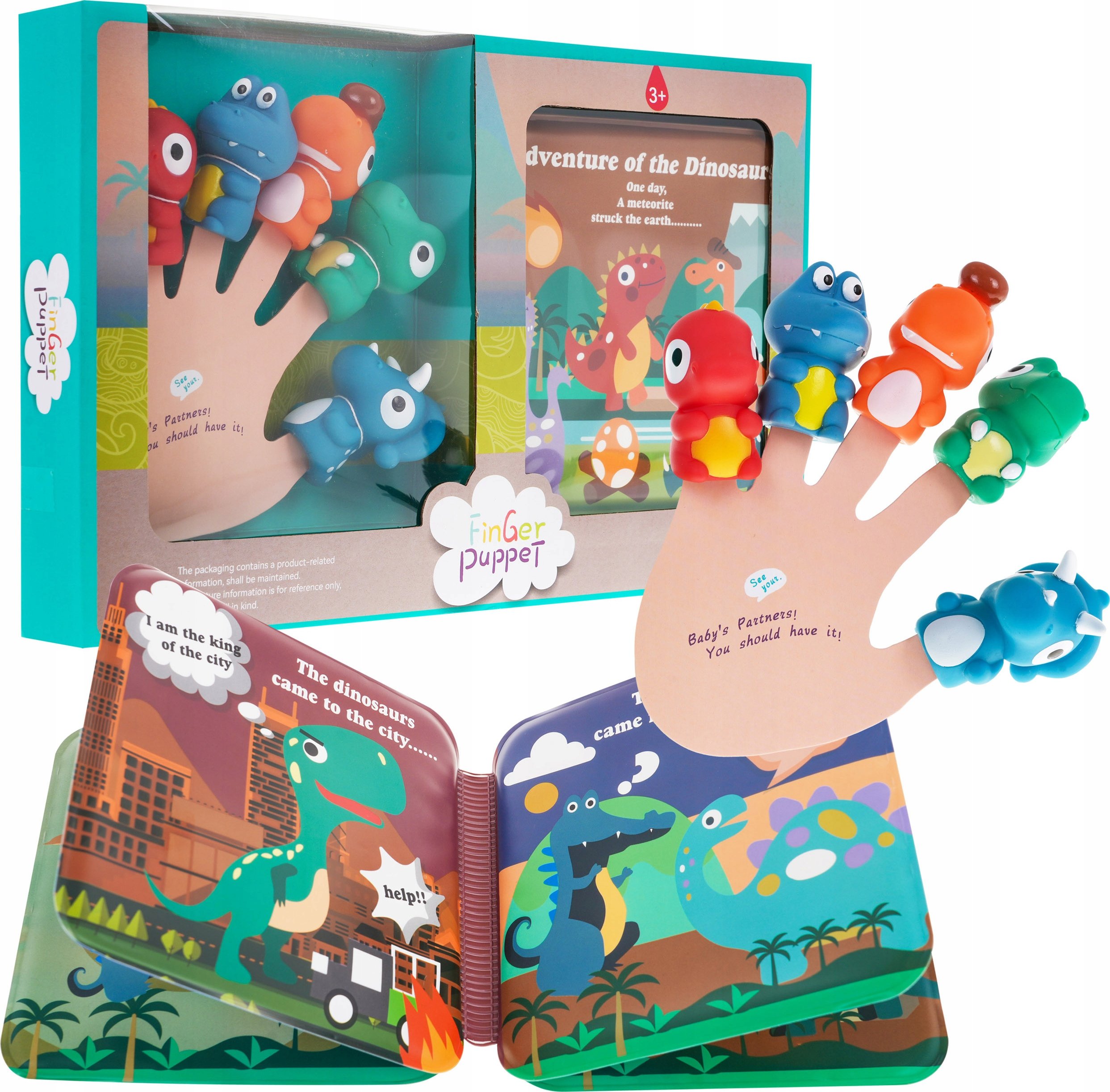 Zestaw 5 Gumowych Pacynek na Palce + Książeczka Dinozaury dla Dzieci 3+