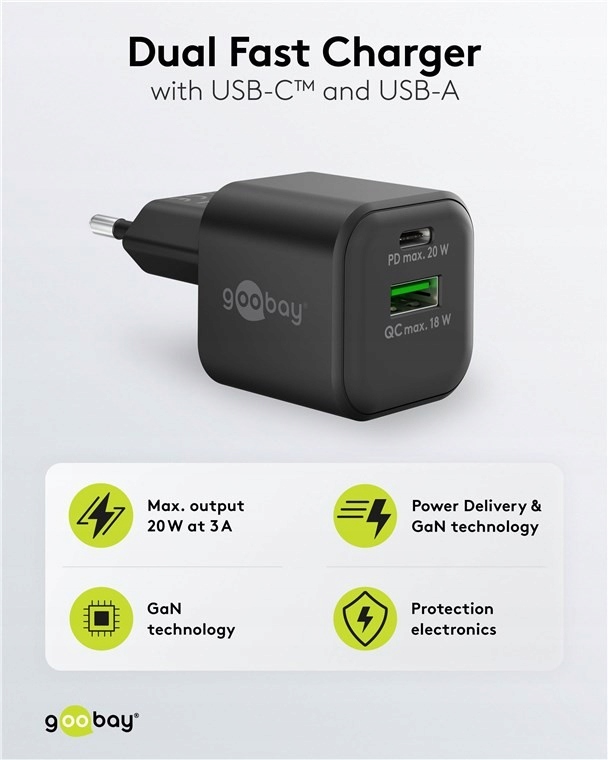 Podwójna szybka ładowarka USB-C PD GaN (20 W) czarny – Idealne rozwiązanie do ładowania