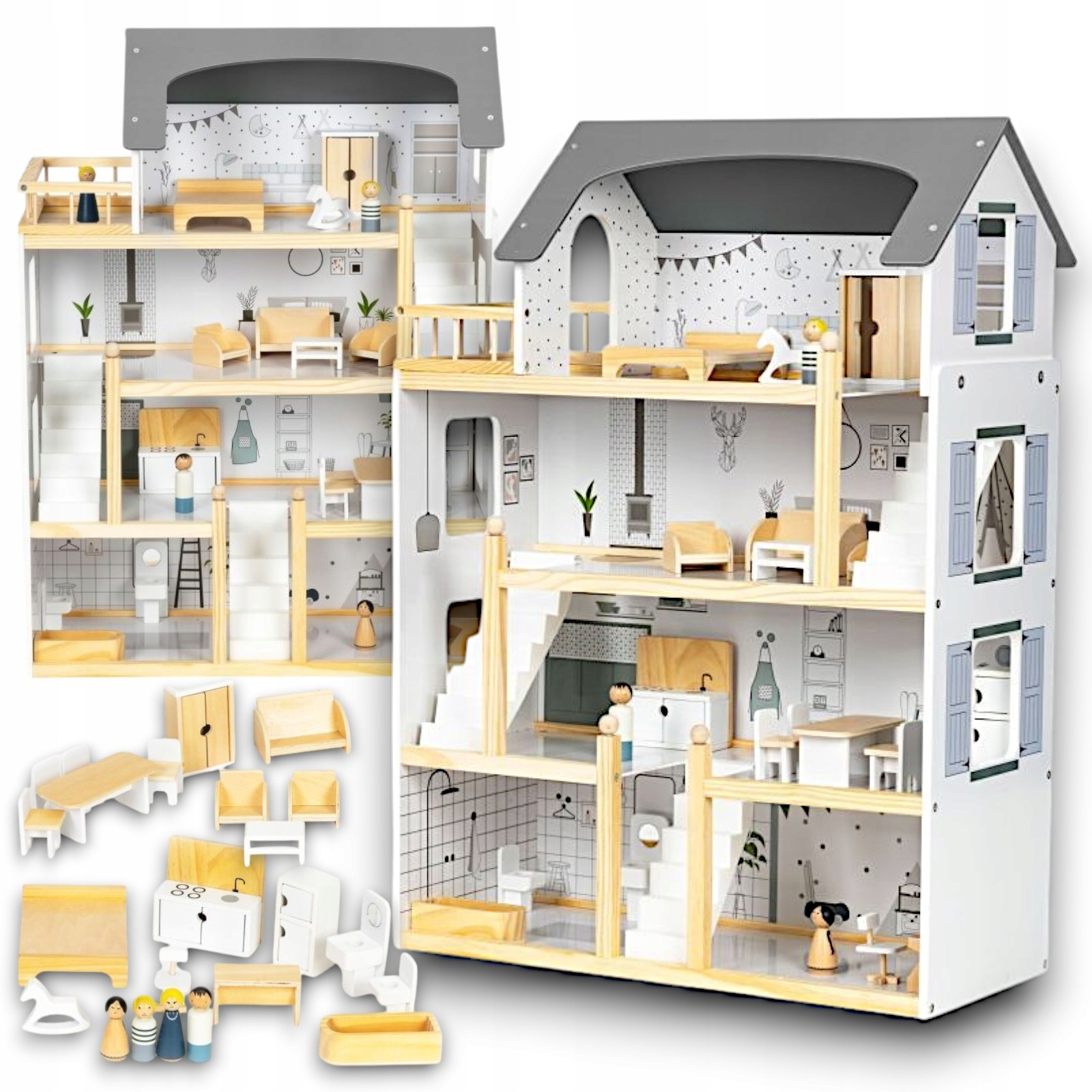 Drewniany Domek Dla Lalek + 18 mebelków + 4 laleczki – Wspaniała zabawa dla dzieci