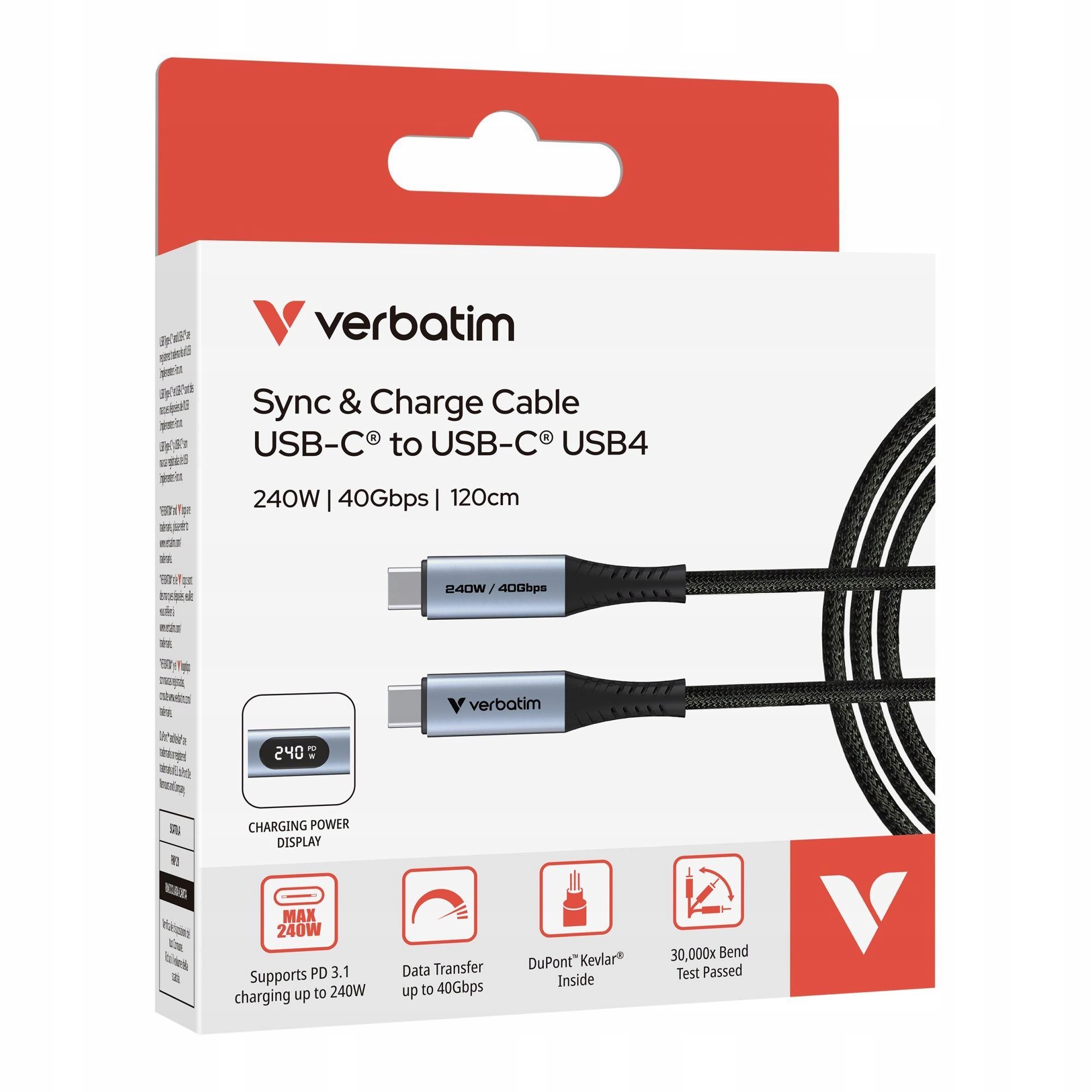 Kabel Verbatim USB C (M) - USB C (M), 240W, 1.2m, czarny