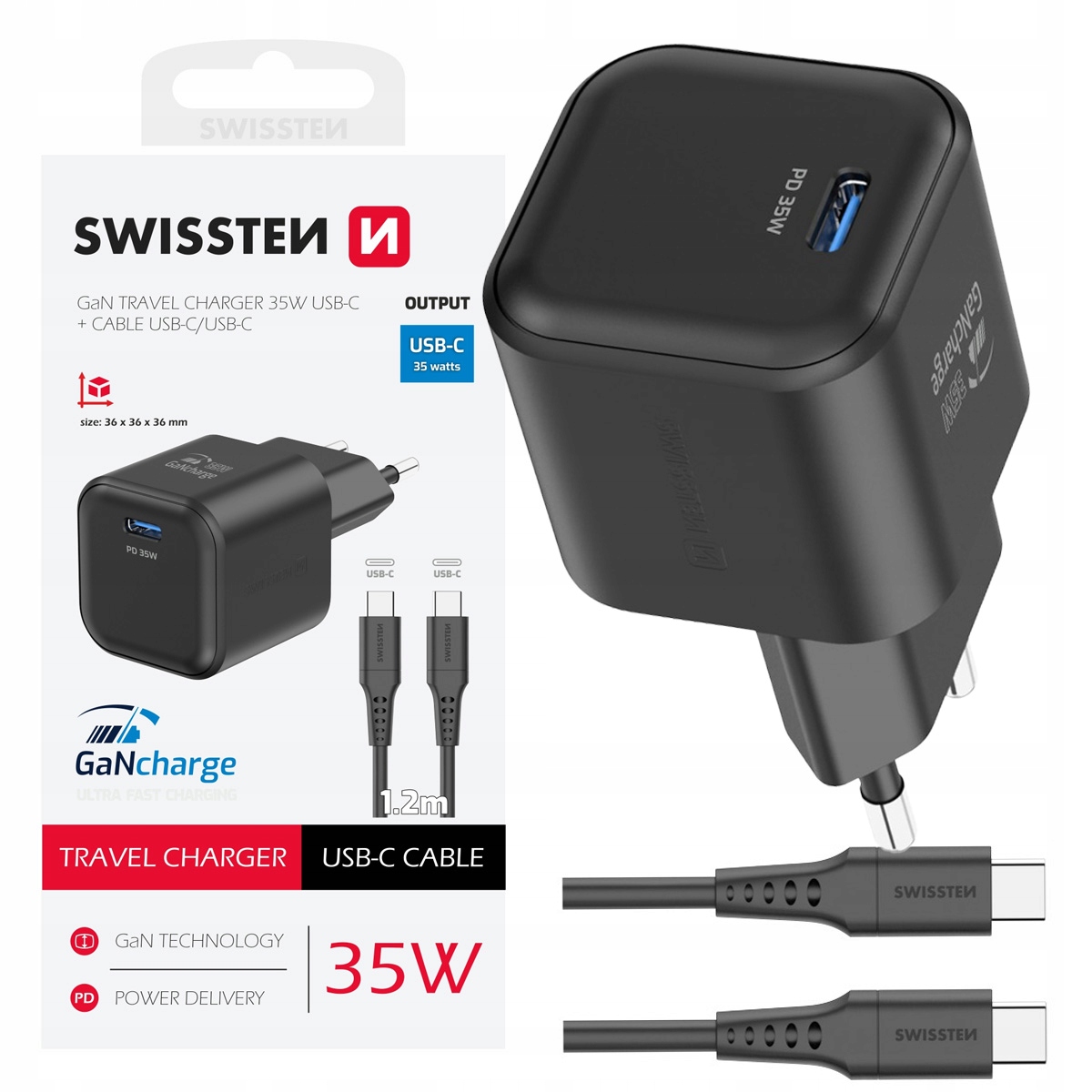 Swissten Tīkla Lādētājs GaN USB-C 35W PD + Datu kabelis USB-C - USB-C 1.2m – Szybkie ładowanie dla Twoich urządzeń