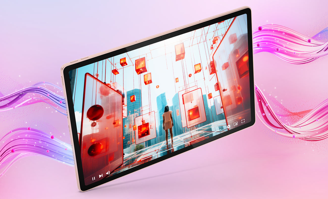 Tablet Idea Tab Plus z kolorową tapetą na ekranie, obok wizualizacja fal dźwiękowych