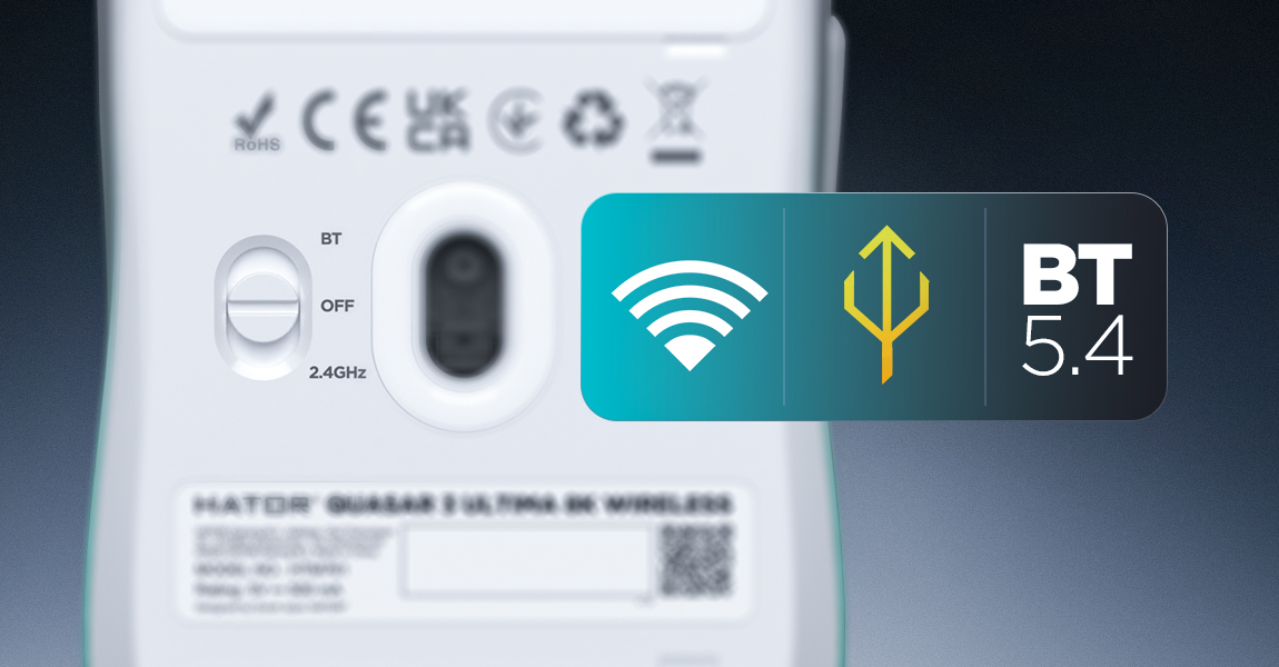 Suwak wyboru trybu BT (Bluetooth), USB i 2,4 GHz na spodzie myszy bezprzewodowej