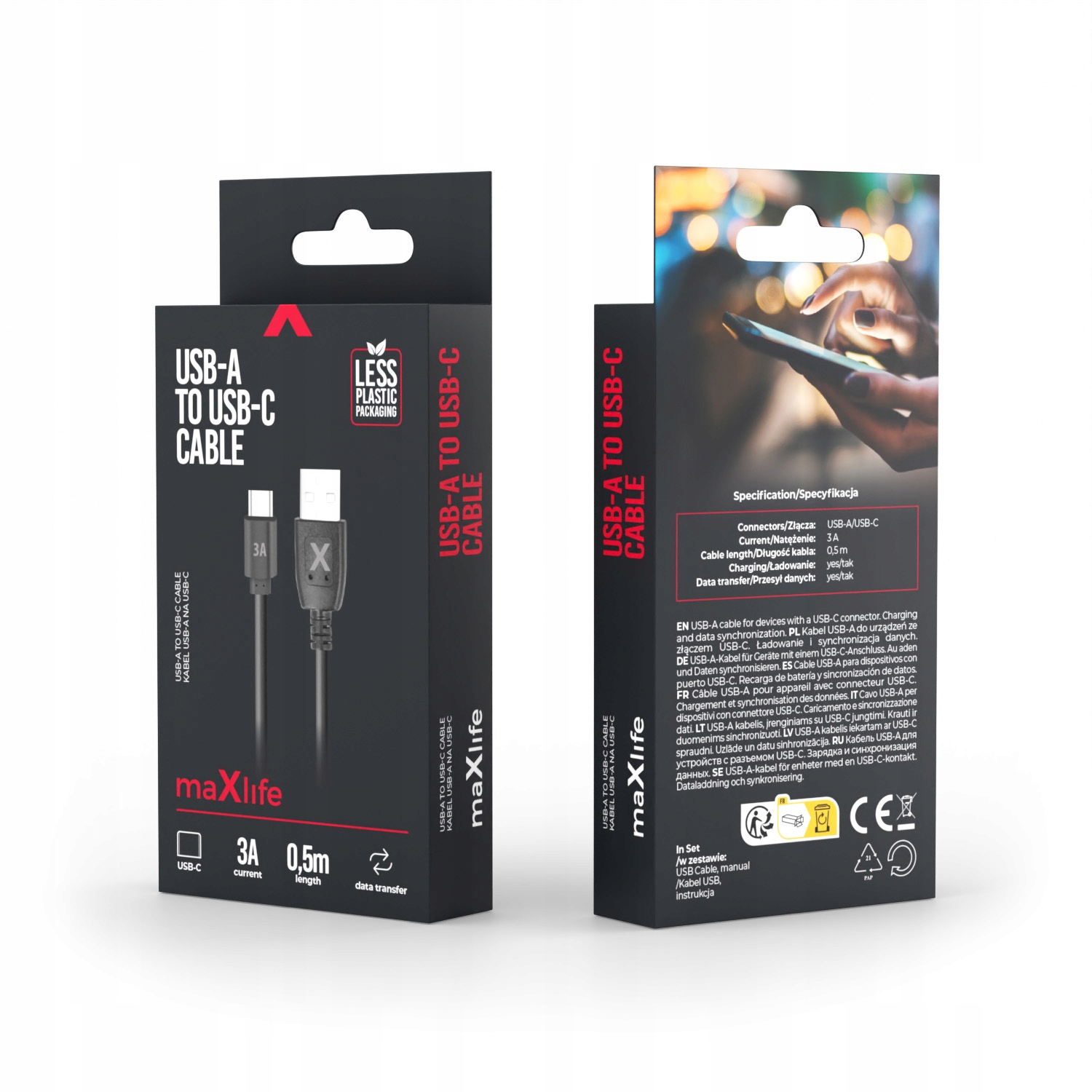 Maxlife kabel USB - USB-C 0,5 m 3A czarny – Idealne rozwiązanie do ładowania i przesyłania danych