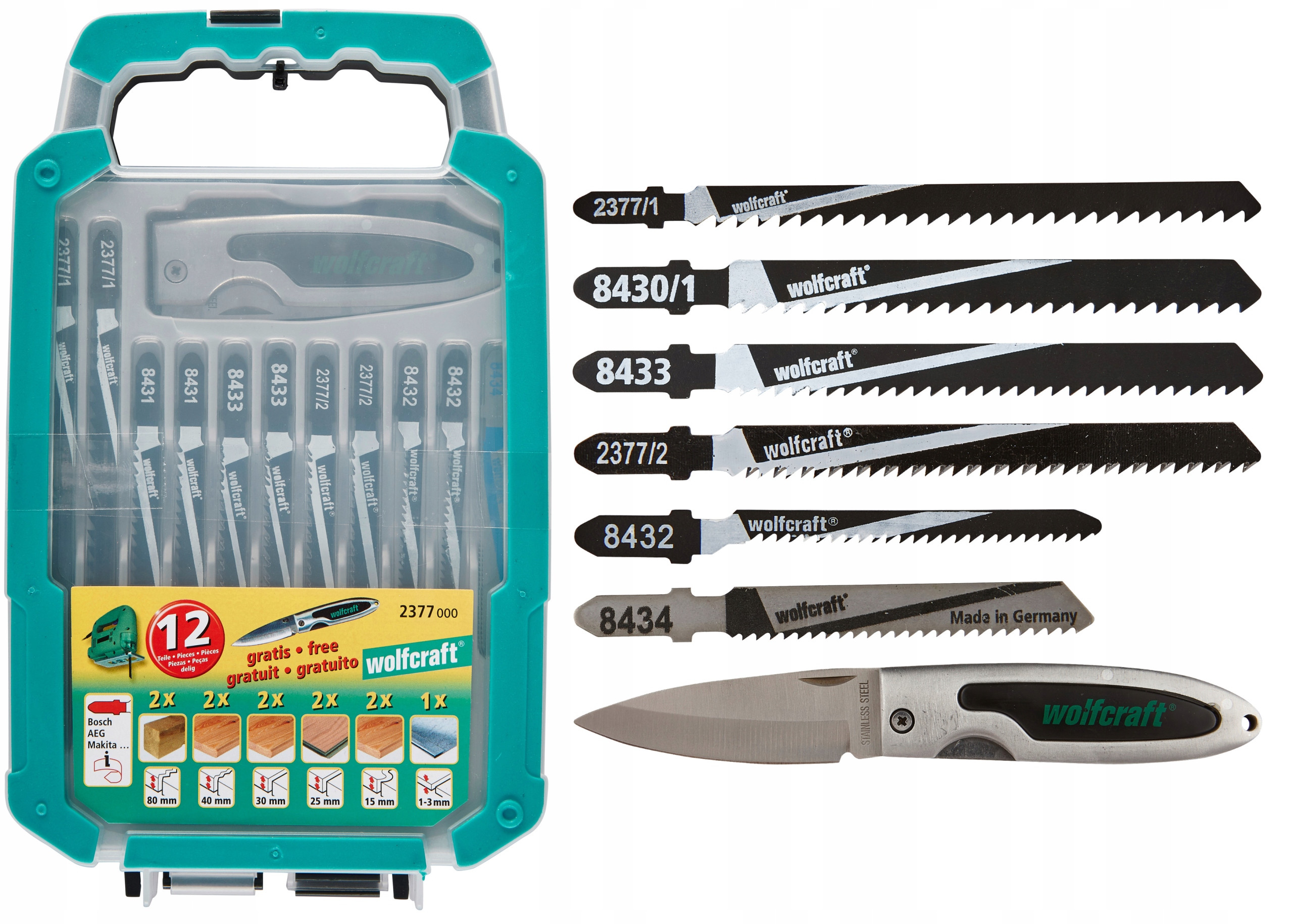 Wolfcraft Zestaw 11 brzeszczotów - uchwyt T + nóż składany