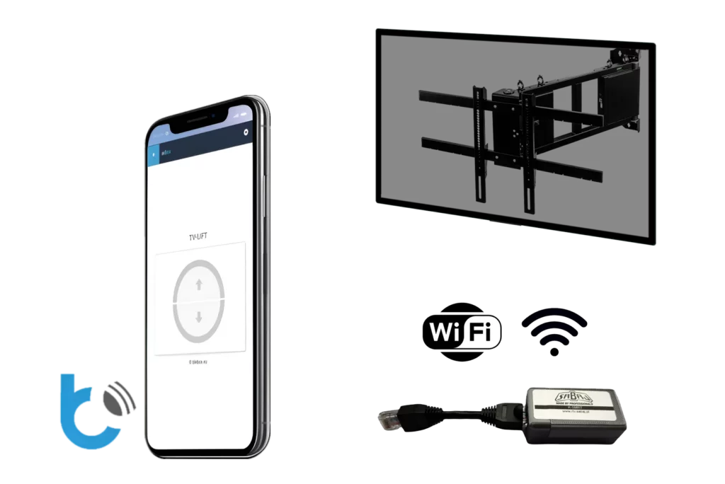 uchwyt elektryczny do telewizora OTW-L z adapterem WiFi K-SMRT oraz widoczną aplikacją w telefonie W-BOX