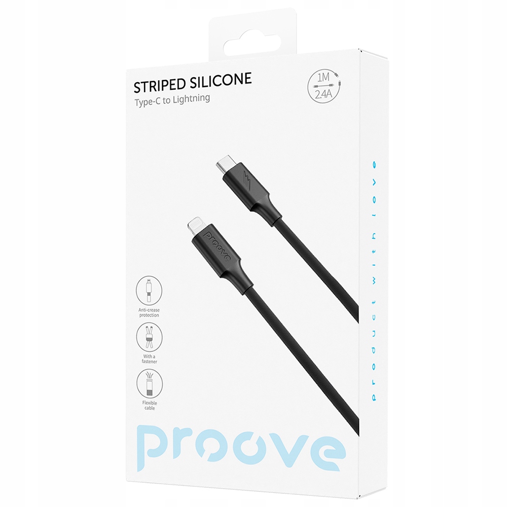 Proove kabel Striped Silicone USB-C - Lightning 1m 3A czarny – Wytrzymałość i styl w jednym
