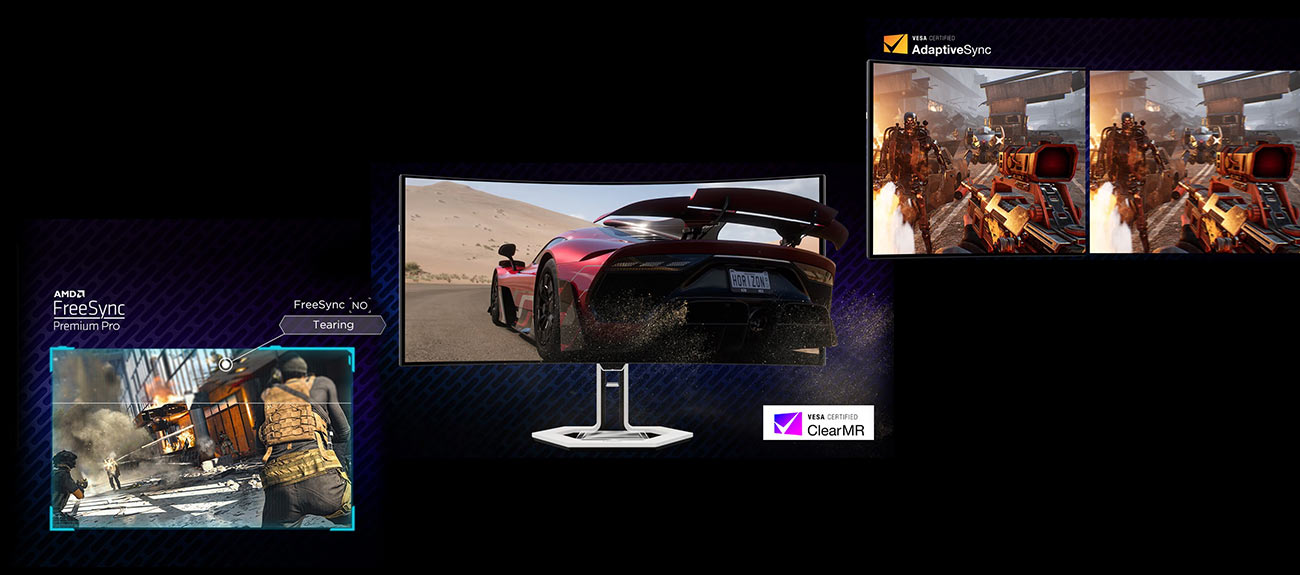 Trzy monitory Lenovo Legion Pro 34WD-10, na ekranach kolorowe grafiki pokazujące efekty wizualne w grach komputerowych

