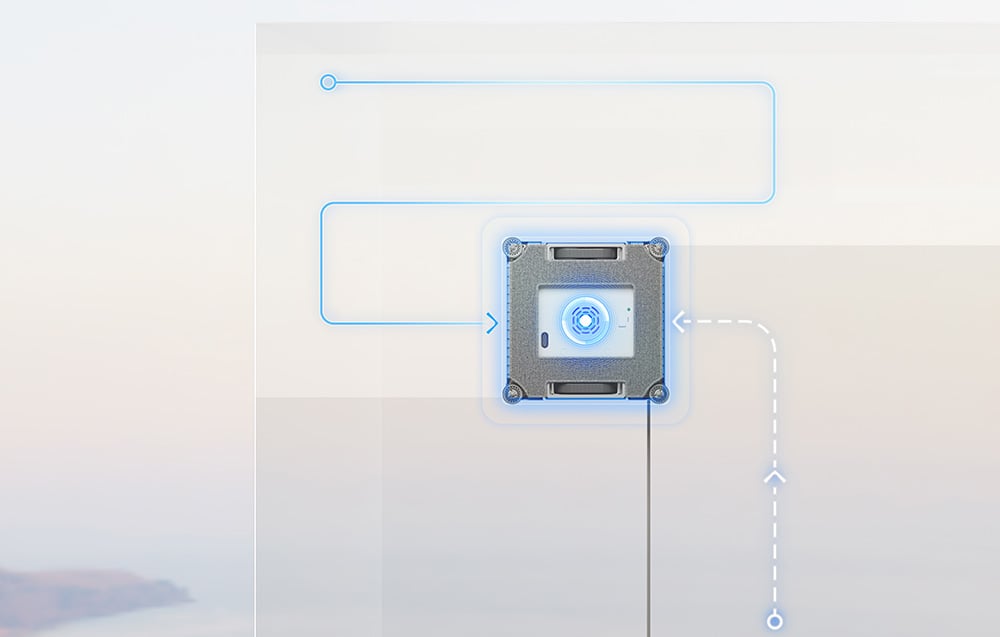 Tył robota z niebieskim podświetleniem i graficznym oznaczeniem trasy na szybie