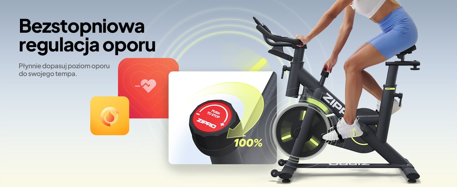 Rower spinningowy ZIPRO Modo - Bezstopniowa regulacja oporu: płynnie dopasuj poziom oporu do swojego tempa