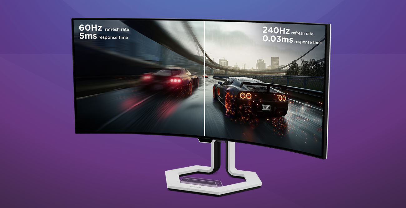 Monitor Lenovo Legion Pro 34WD-10, na ekranie grafika z samochodami wyścigowymi pokazująca funkcję szybkiego odświeżanie ekranu
