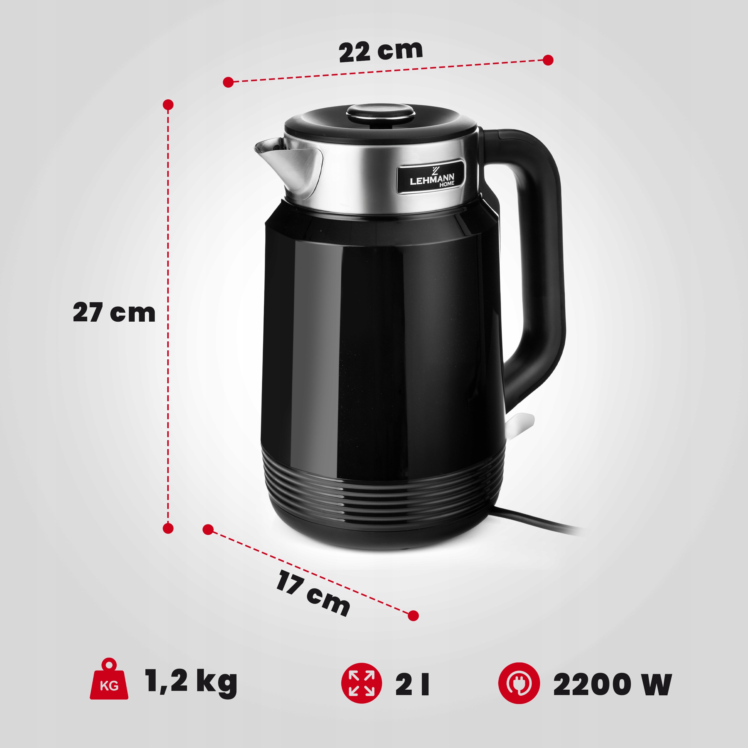 CZAJNIK ELEKTRYCZNY BEZPRZEWODOWY STALOWY RETRO 2200W CZARNY DUŻY 2L FILTR Głębokość produktu 16.5 cm