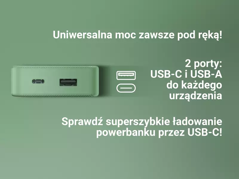 Lekki i kompaktowy powerbank z USB-C i USB-A
