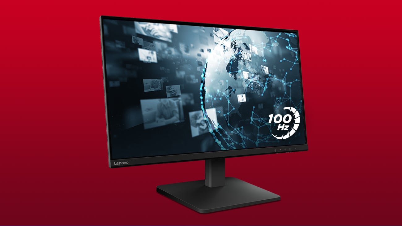 Monitor Lenovo L27qe o częstotliwości odświeżania 100Hz z tapetą na ekranie w odcieniach czerni i bieli