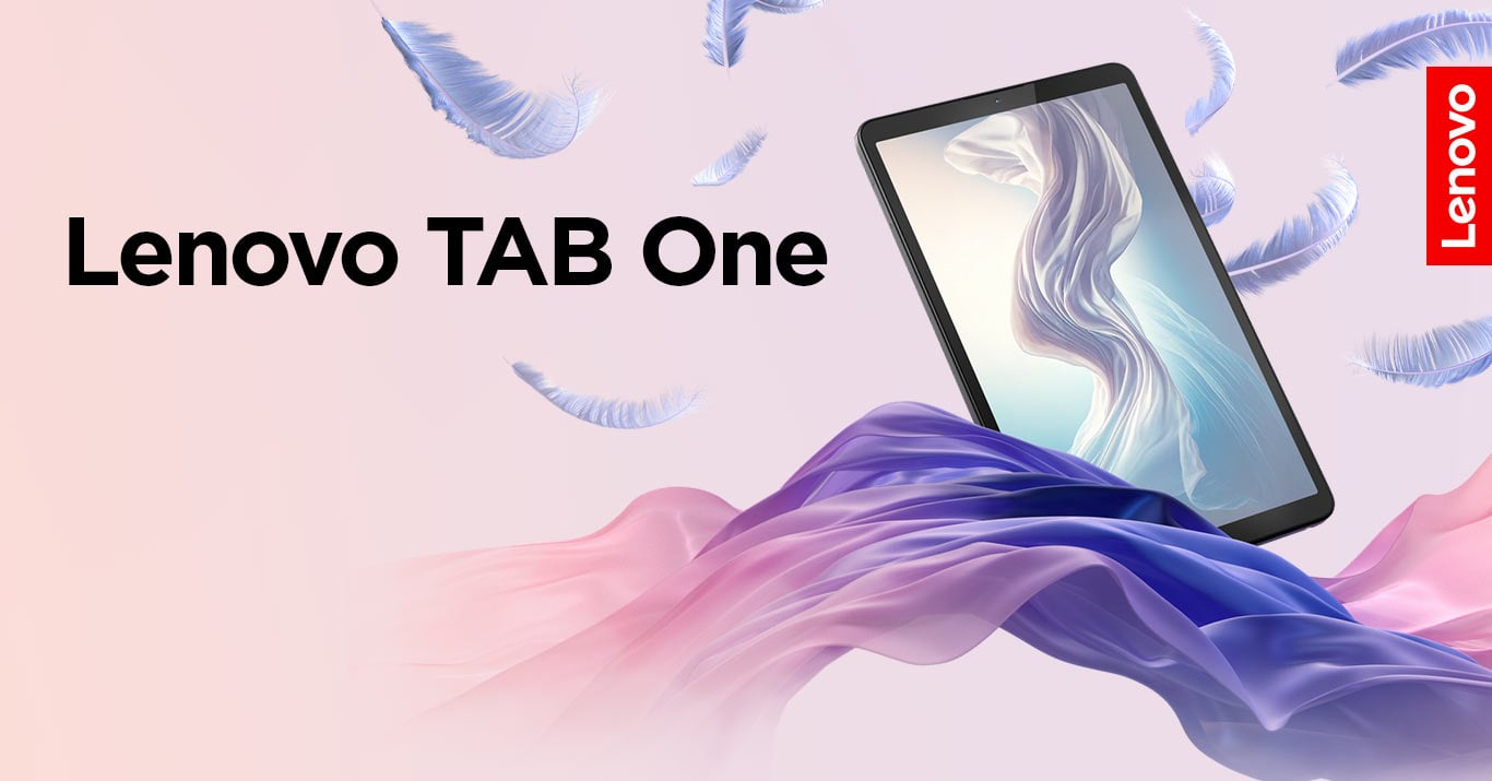 Tablet Lenovo Tab One, na ekranie kolorowa tapeta, w tle unoszące się piórka 