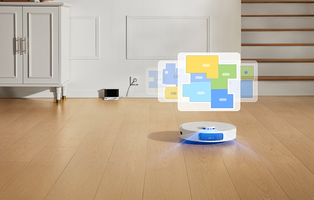 Robot sprzątający odkurza podłogę i tworzy mapę pomieszczeń.