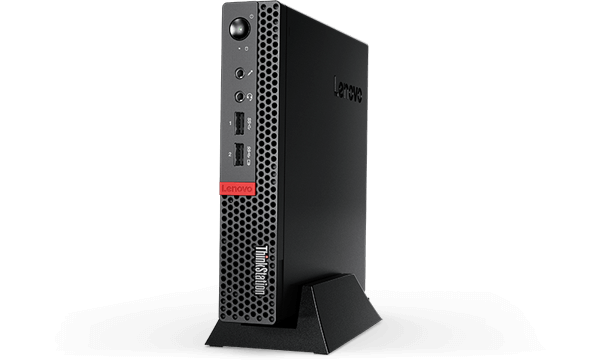 ThinkStation P320 Tiny stacja robocza ustawiona pionowo.