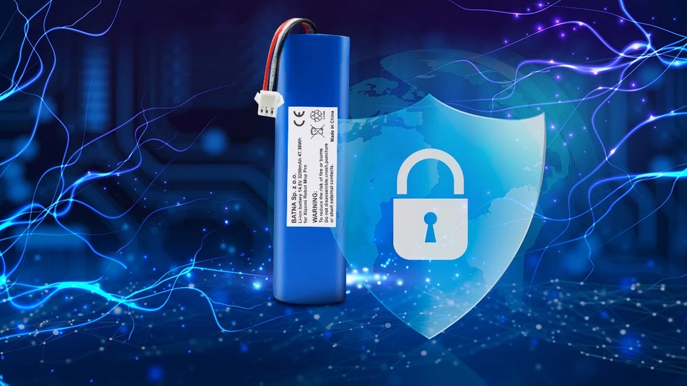 wizualizacja na której widać baterię do robotów xiaomi oraz tarczę symbolizującą bezpieczeństwo