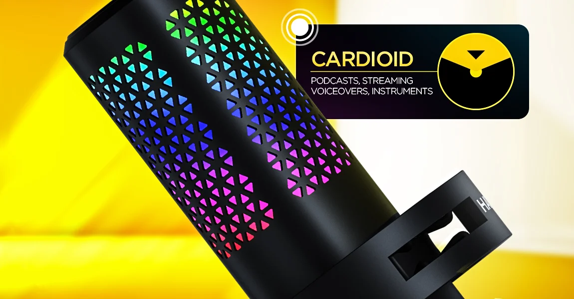 Czarny mikrofon z perforowaną obudową i podświetleniem, grafika „Cardioid” z ikoną charakterystyki kierunkowej