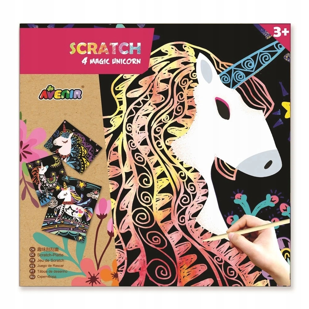 Zestaw zawiera 4 magiczne jednorożce i patyczek do zdrapywania