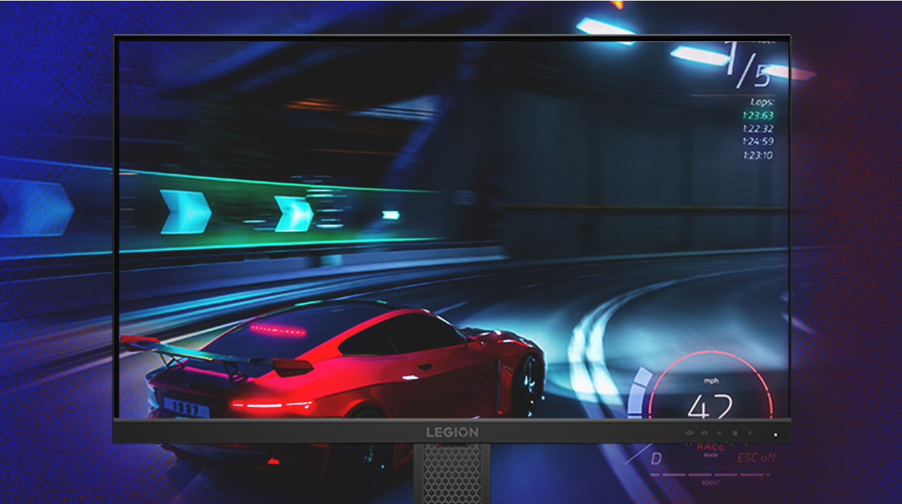 Monitor Lenovo Legion 24-10, na ekranie tapeta z samochodem wyścigowym