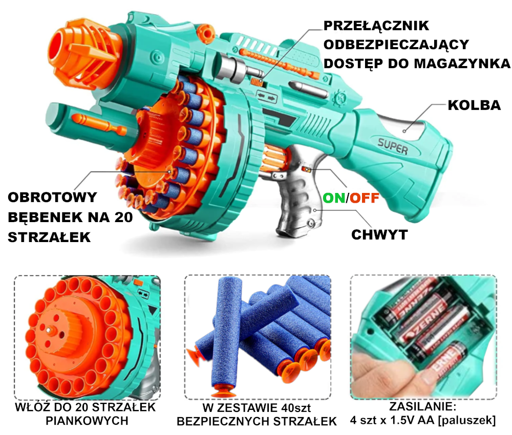 NERF Wyrzutnia Blaster Pistolet Karabin Elektryczny AUTOMATYCZNY Na Strzałki TOMDORIX