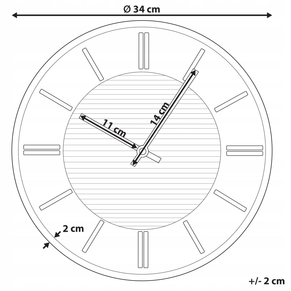 Wymiary zegara: 34 cm średnicy i 3 cm głębokości