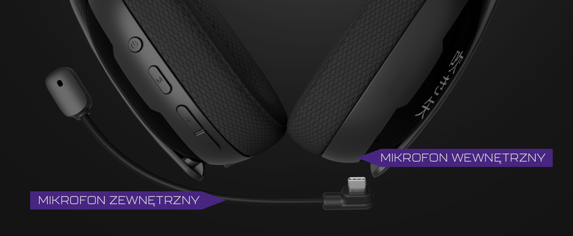Zbliżenie na czarne bezprzewodowe słuchawki nauszne z mikrofonem zewnętrznym i mikrofonem wewnętrznym z adnotacjami
