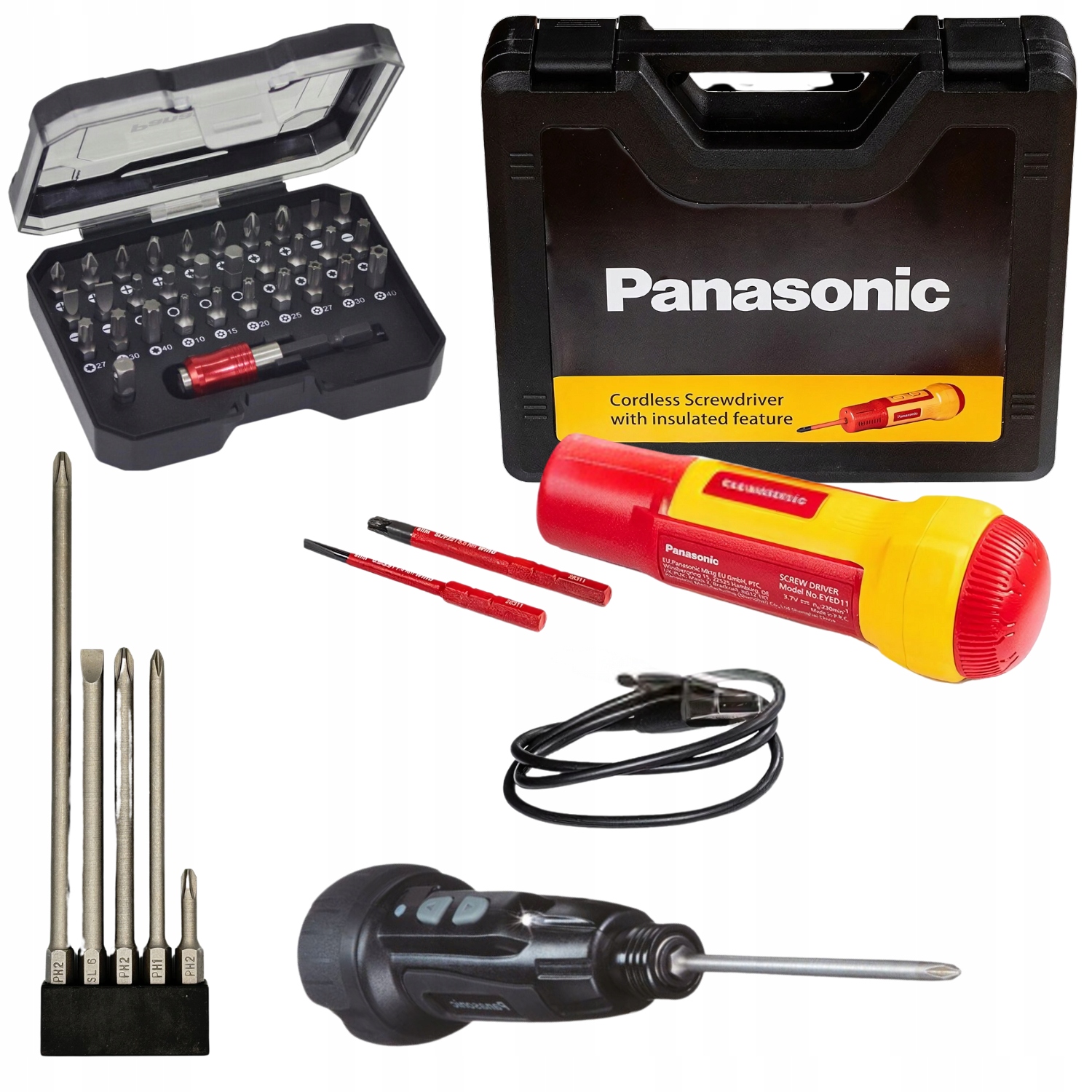 Zestaw wkrętaków akumulatorowych Panasonic – Izolowany EYED11SA, nieizolowany EY7412 + zestaw bitów EY9BS100