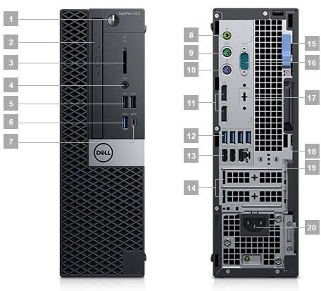 OptiPlex XE3 w obudowie typu SFF — porty i gniazda OptiPlex XE3 w obudowie typu SFF — porty i gniazda