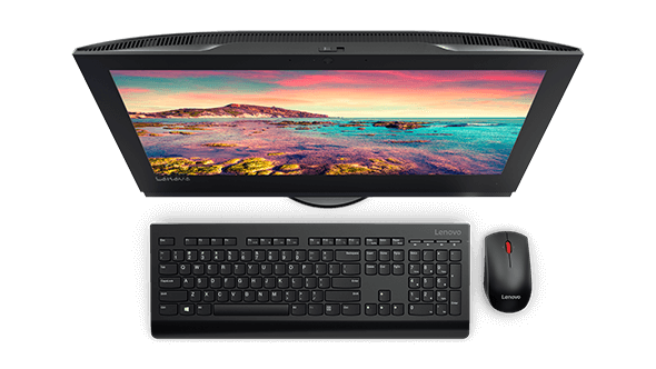 Overhead shot of Lenovo V310z all-in-one with wireless keyboard and mouse.