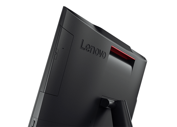 Close up of red handle conveniently positioned near top, back-side of the Lenovo V310z AIO.