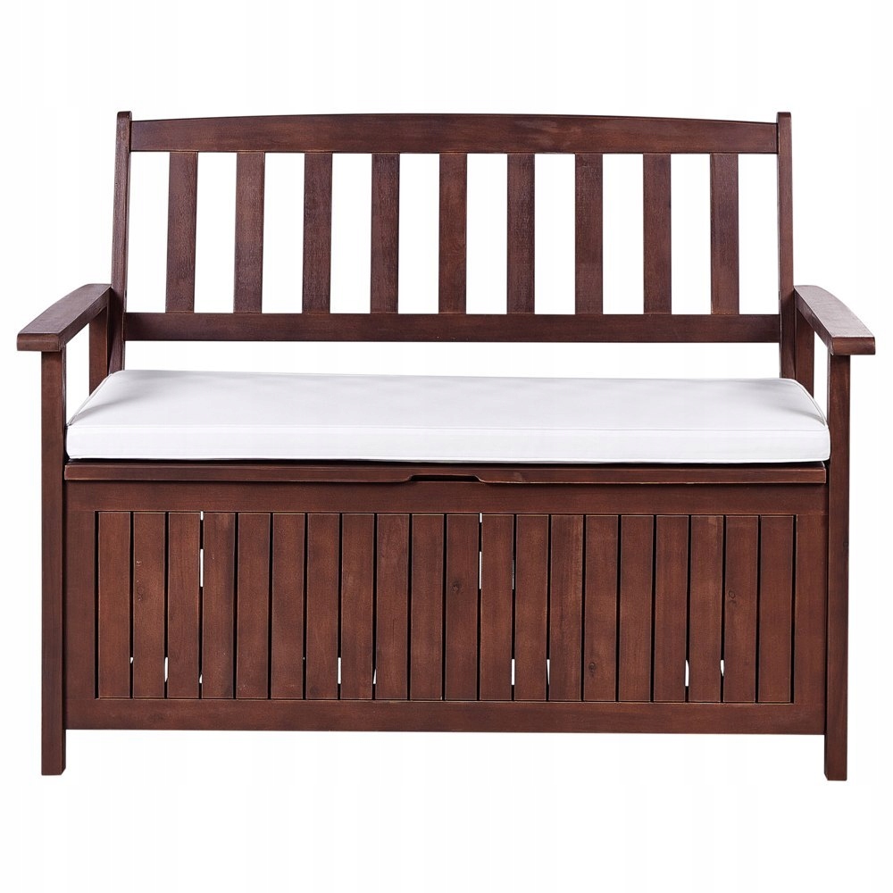 Ławka ogrodowa ze schowkiem 120 cm drewniana mahoniowy brąz z poduszką białą SOVANA – Idealne uzupełnienie Twojego ogrodu